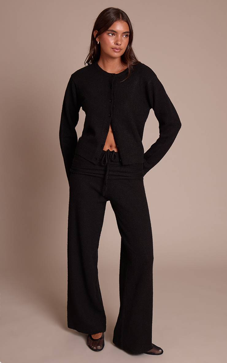 Noir Pantalon En Maille Côtelée Souple À Taille Repliée