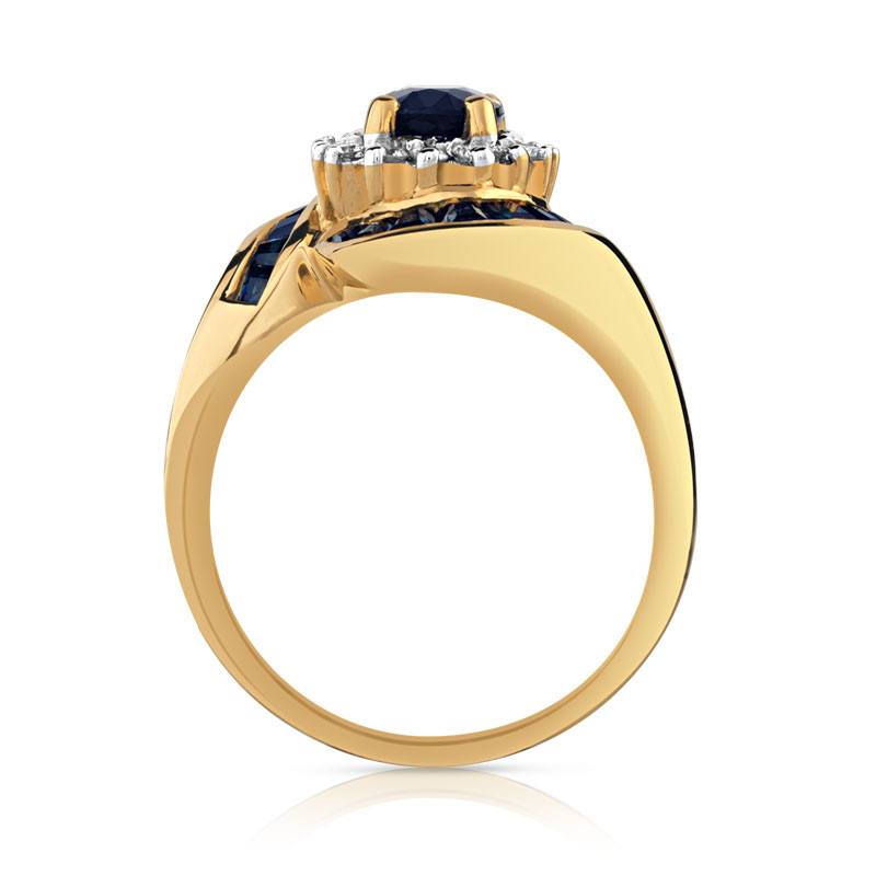 Bague or 750 jaune saphirs et saphir central entouré de diamants