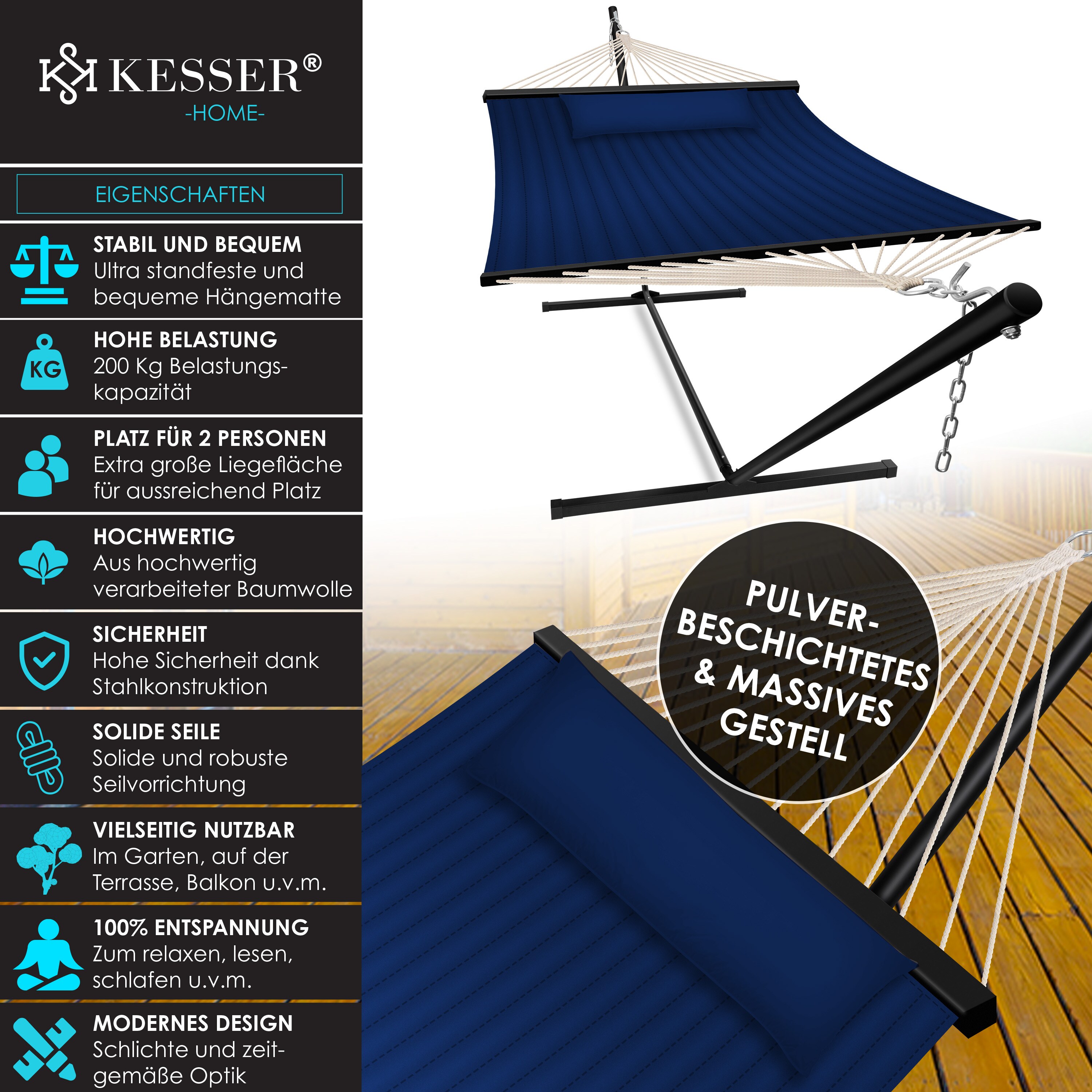 KESSER® Hängematte HILL mit Gestell Kissen Doppelhängematte für 2 Personen-Stabiler Rahmen -200kg Belastbarkeit Indoor & Outdoor XXL Hängesessel Doppel Mehrpersonen Garten Pool Balkon Terrasse