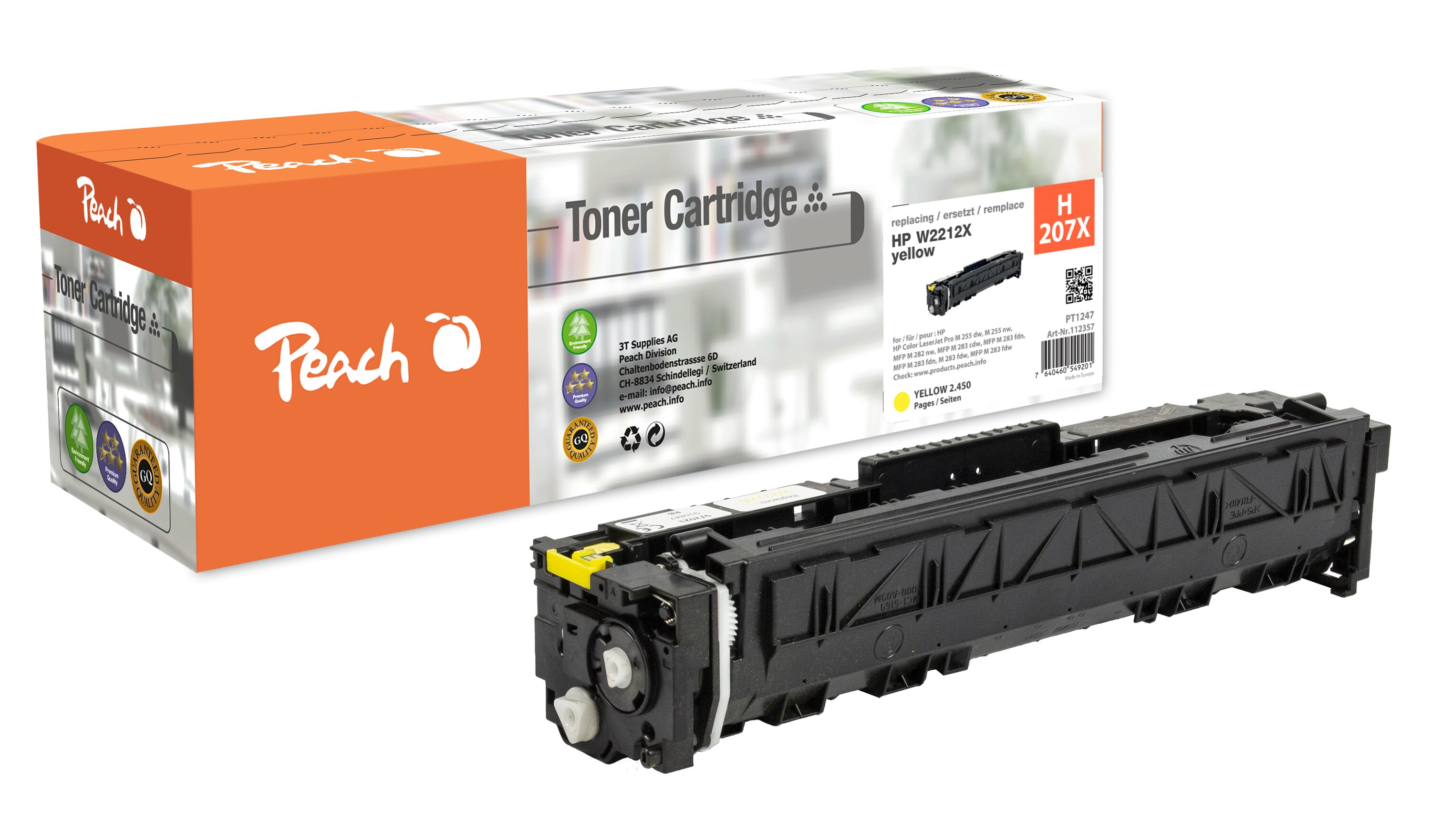 Peach HP 207 X Toner XL ye ersetzt HP No. 207X, W2212X für z.B. HP Color LaserJet Pro MFP M 283 fdw, HP Color LaserJet Pro MFP M 283 cdw (wiederaufbereitet)