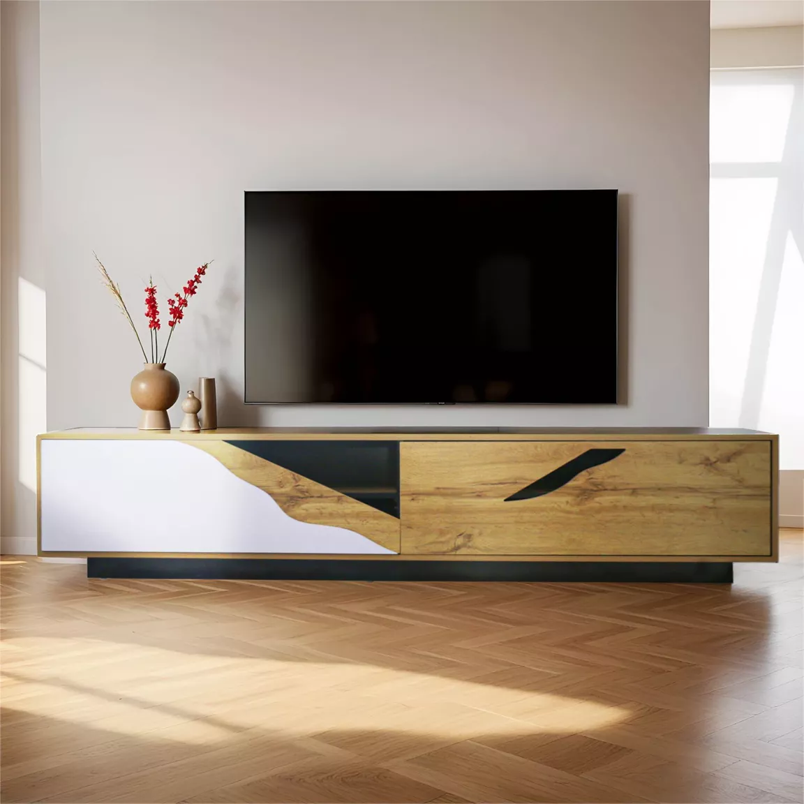 Meuble TV en bois design (L180 x 40 cm) Florida Blanc, noir et naturel