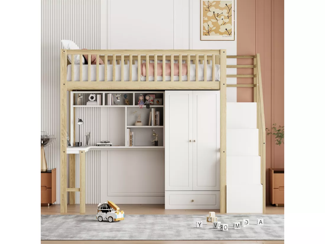 Lit mezzanine 90 x 200 cm avec grande armoire, bureau, bibliothèque, escalier et tiroirs, tout-en-un, Bois MDF, Blanc + chêne