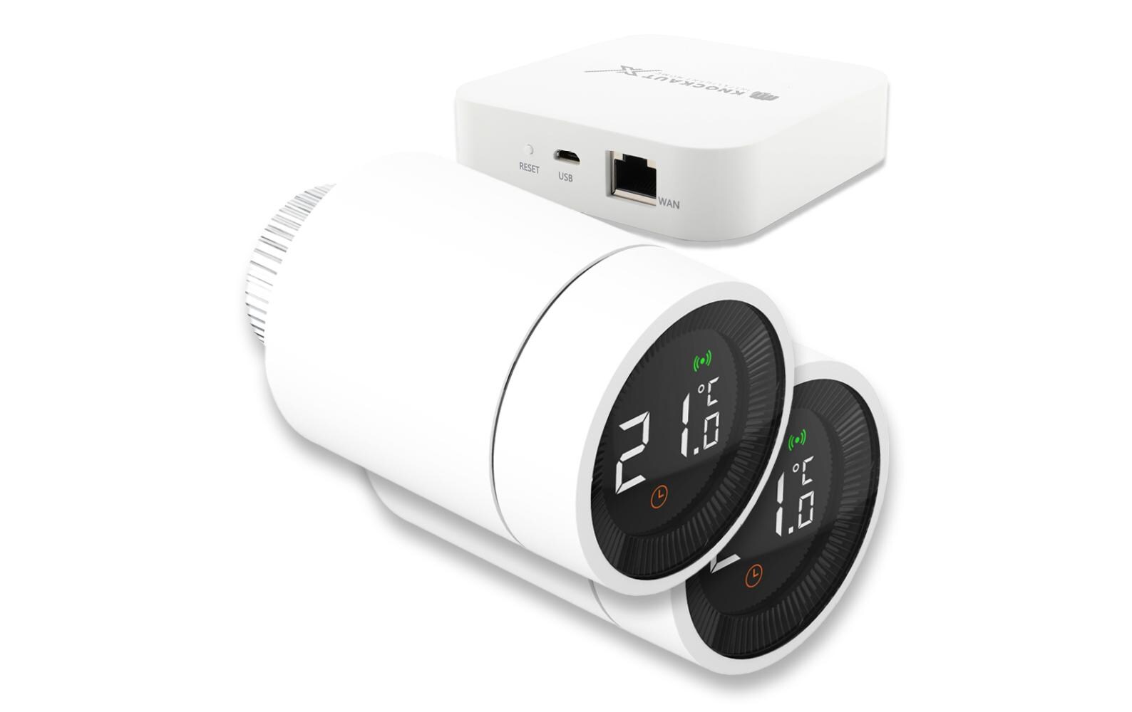 Smart Home Welcome Package smarter Heizkörper-Thermostat<br>Starter-Set bestehend aus: 2x Radiator-Thermostat für smartes und automatisiertes Heizen mit Energiesparfunktionen + 1x Steuereinheit (Mater Gateway TWO)