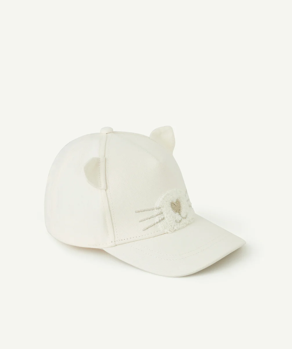 casquette bébé fille en coton écru avec oreilles et motif chat