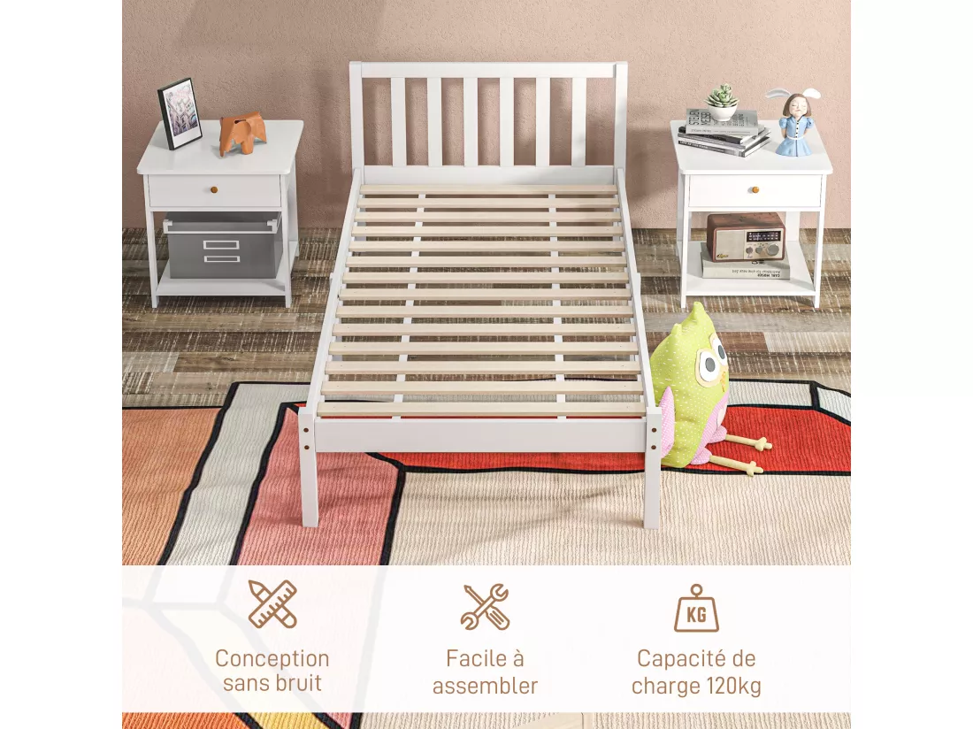 Lit simple design - tête de lit, sommier inclus - dim. 198L x 96l x 70H cm - compatible matelas 190L x 90l cm - bois blanc