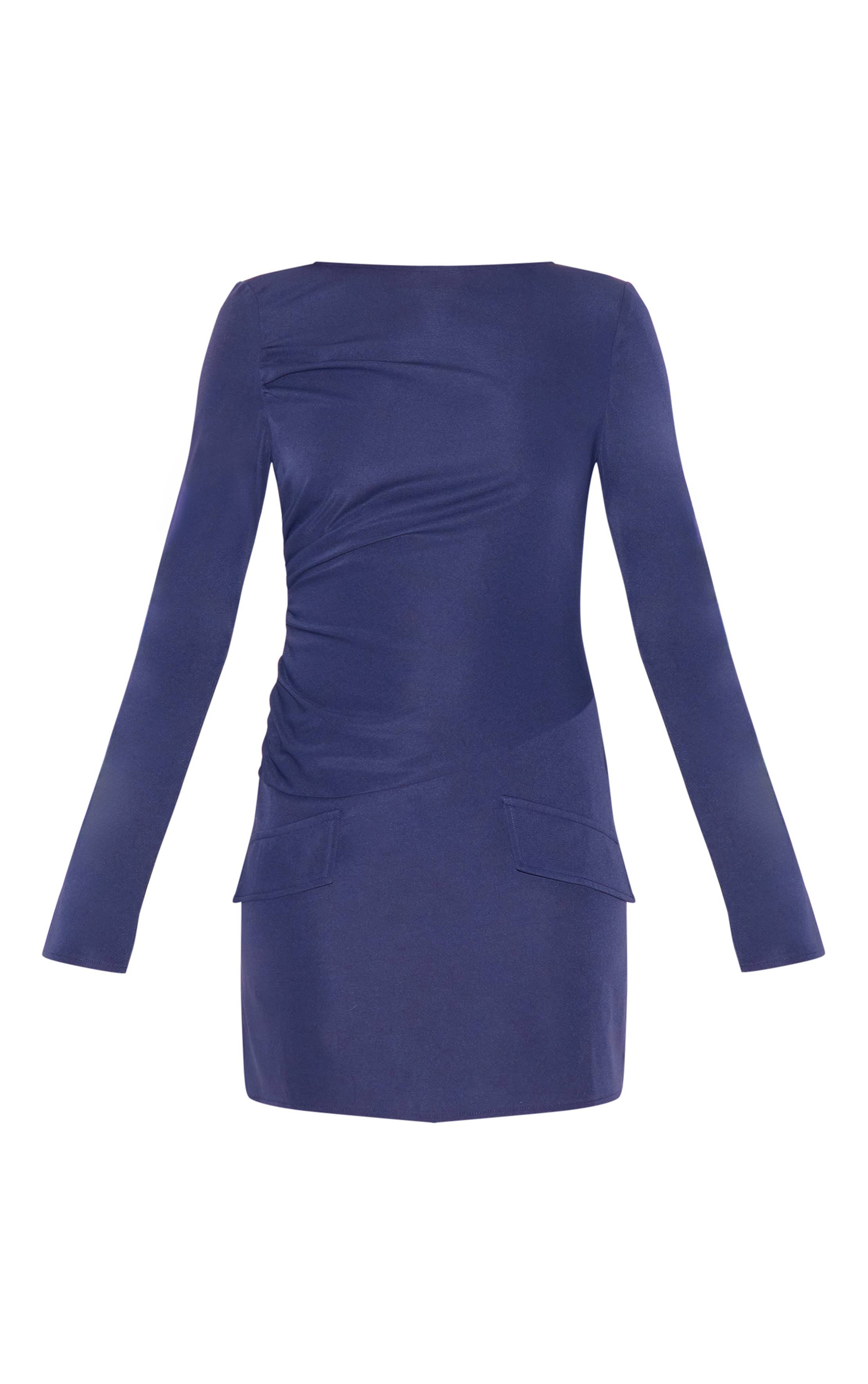 Bleu Marine Robe Moulante À Manches Longues En Tissu Tissé Ajusté Avec Détails Froncés