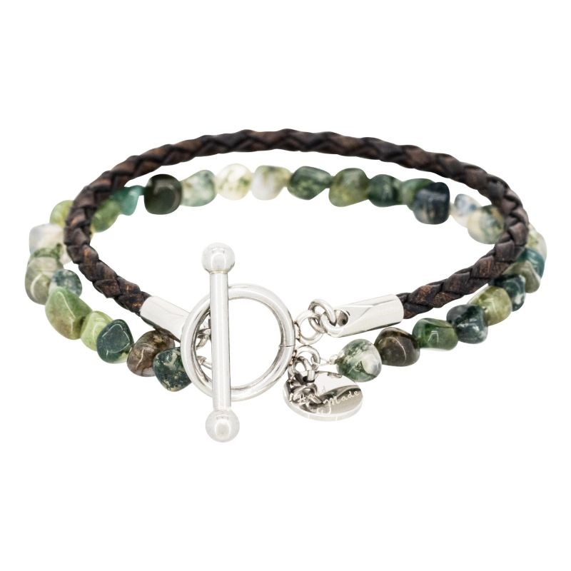 Bracelet Homme double tour cuir et pierres vert 