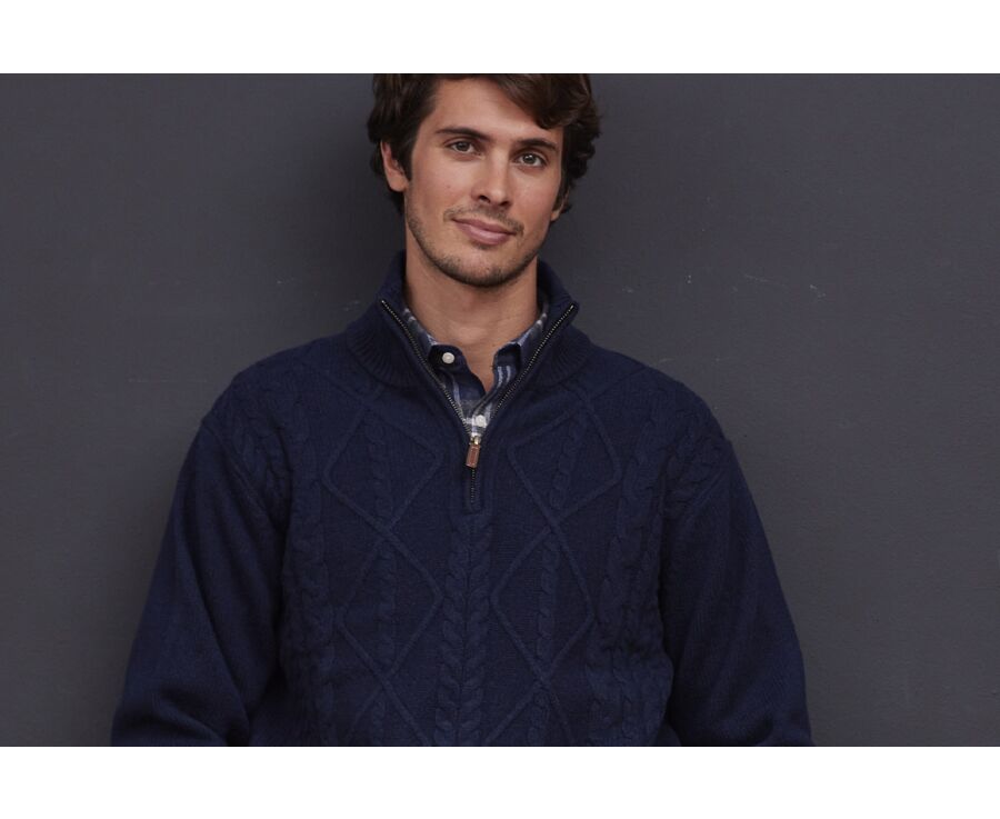 Pull homme col zippé laine  Bleu marine - KENTH