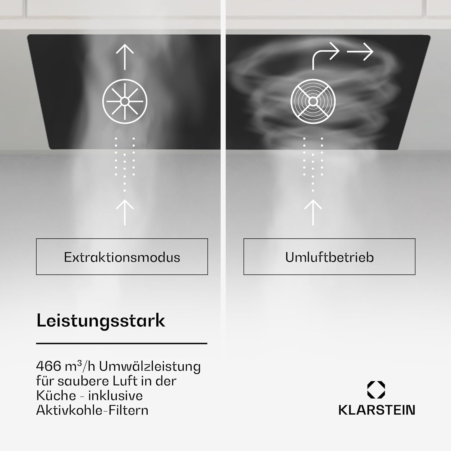 Klarstein Dunstabzugshaube, Abluft/Umluft-Dunstabzugshaube, Dunstabzug mit Filter, LED-Beleuchtung & Touch-Bedienfeld, Leise Abzugshaube mit 466 m³/h Luftstrom, Effizienter Edelstahl-Dunstabzug