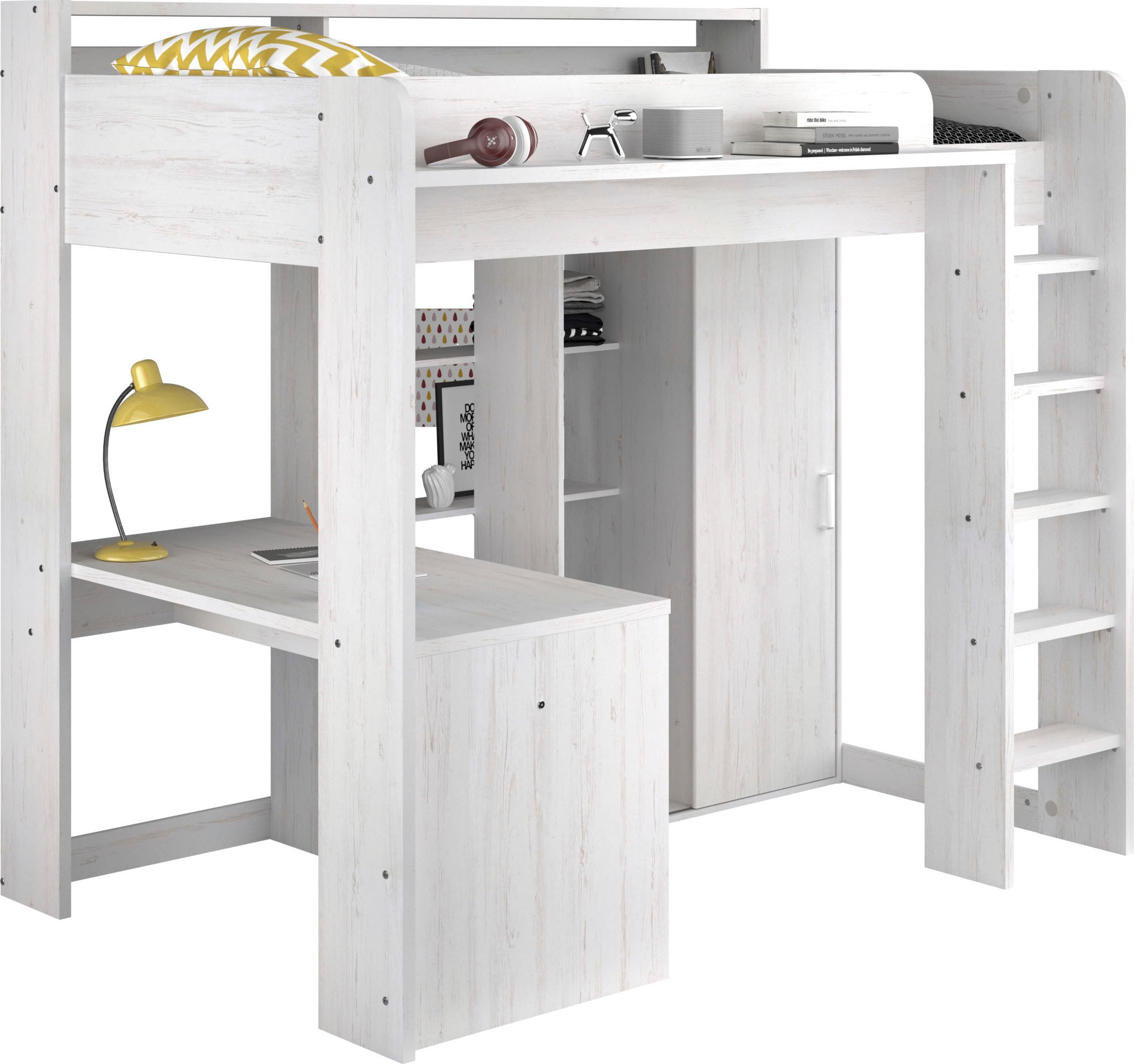 Parisot Hochbett »Higher, mit Schreibtisch, Schiebetürenschrank, Regale oben und unten« Liegefläche 90x200cm,Masse (B/H/T: 206/189/138 cm), Betthöhe ca. 140 cm,  maximaler Stauraum, breite Trittstufen, toll für kleine Räume!