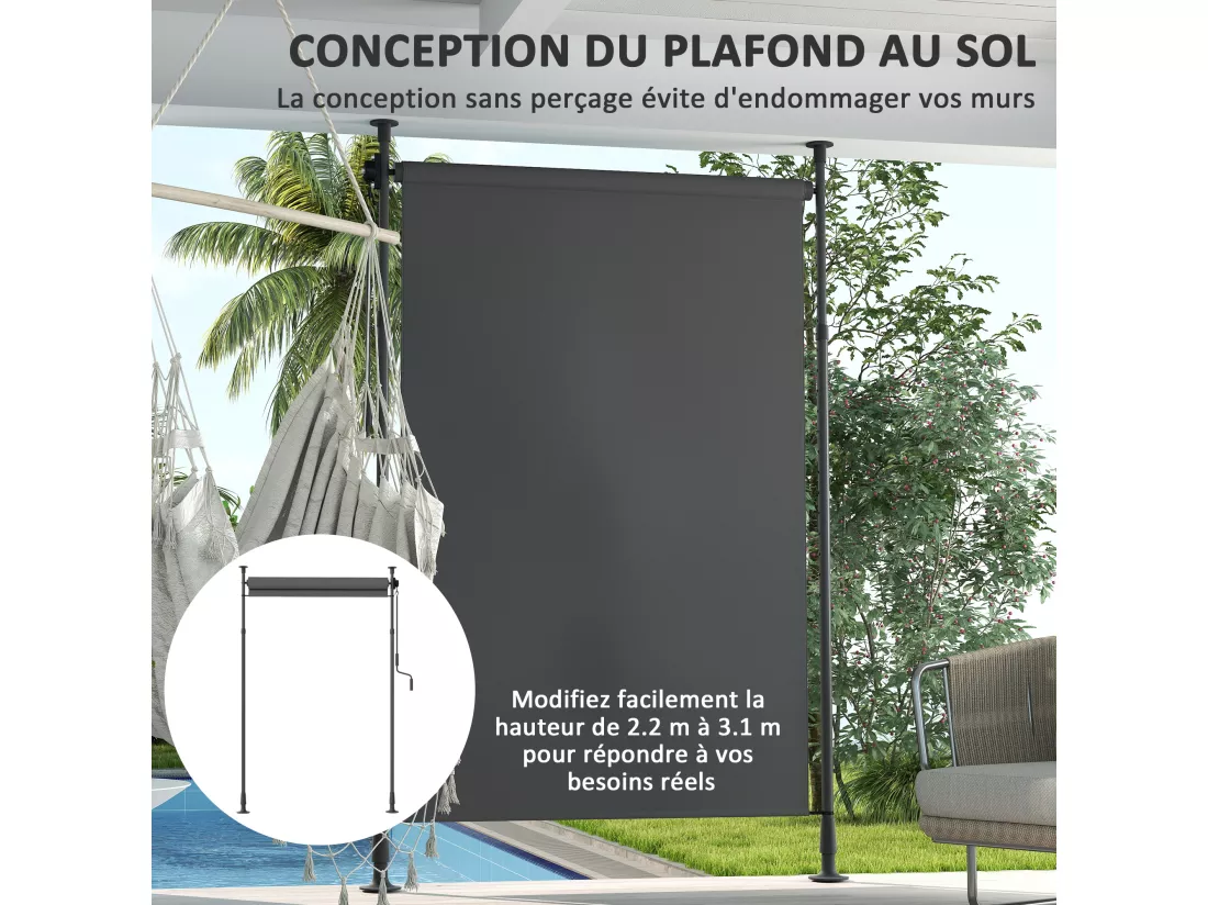 Store extérieur sur pied store manuel rétractable enroulable réglable H.2,2-3,1m sans perçage métal polyester gris