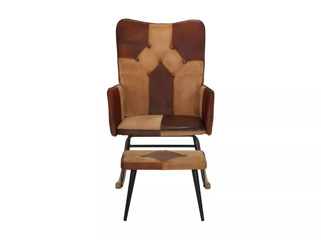 Chaise à bascule et repose-pieds Marron Cuir véritable et toile
