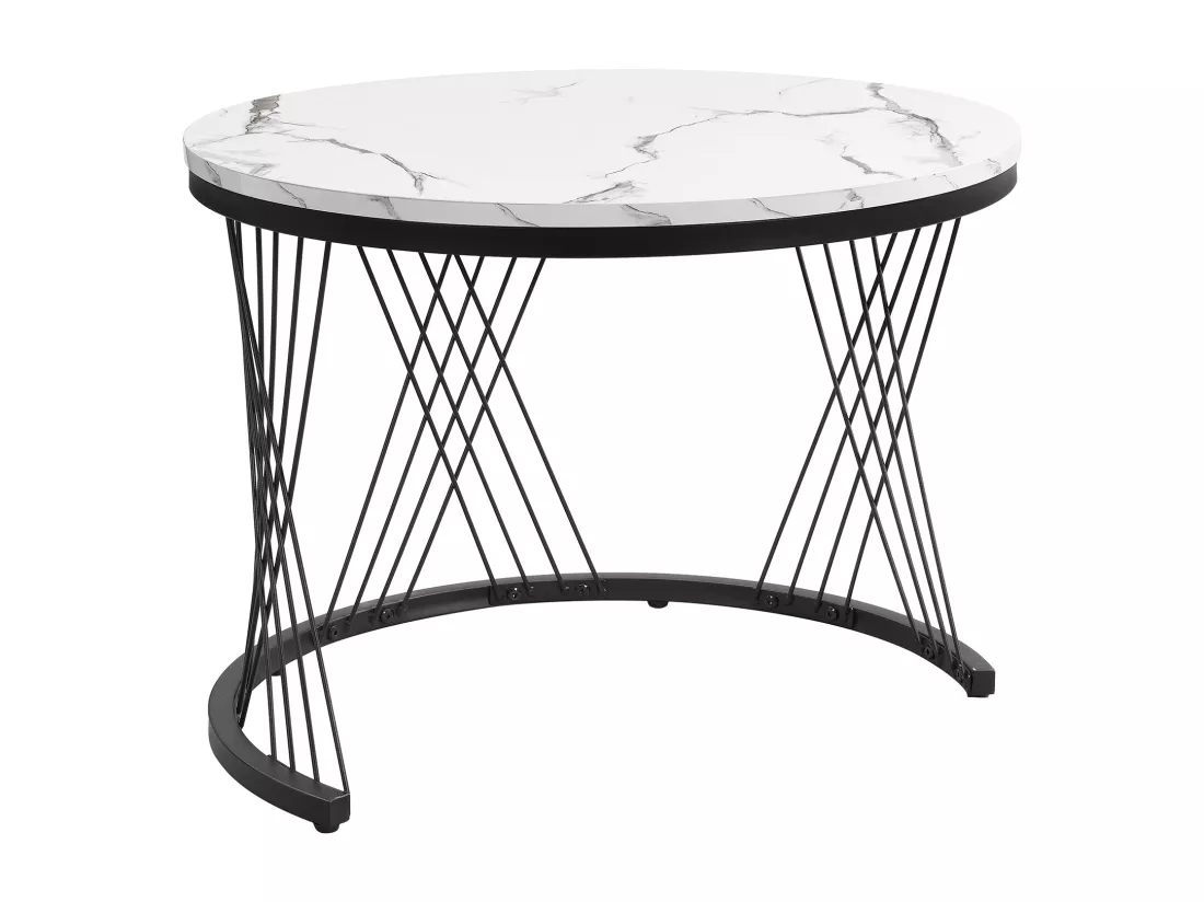 Lot de 2 tables basses gigognes rondes avec 2 tiroirs - 60x60x46cm + 50x50x30.8cm - Motif à marbre - Bois MDF et métal - Blanc + noir