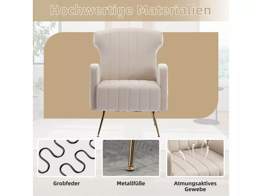 Chaise Décorative En Velours，pieds Dorés，fauteuil Confortable，haut Dossier