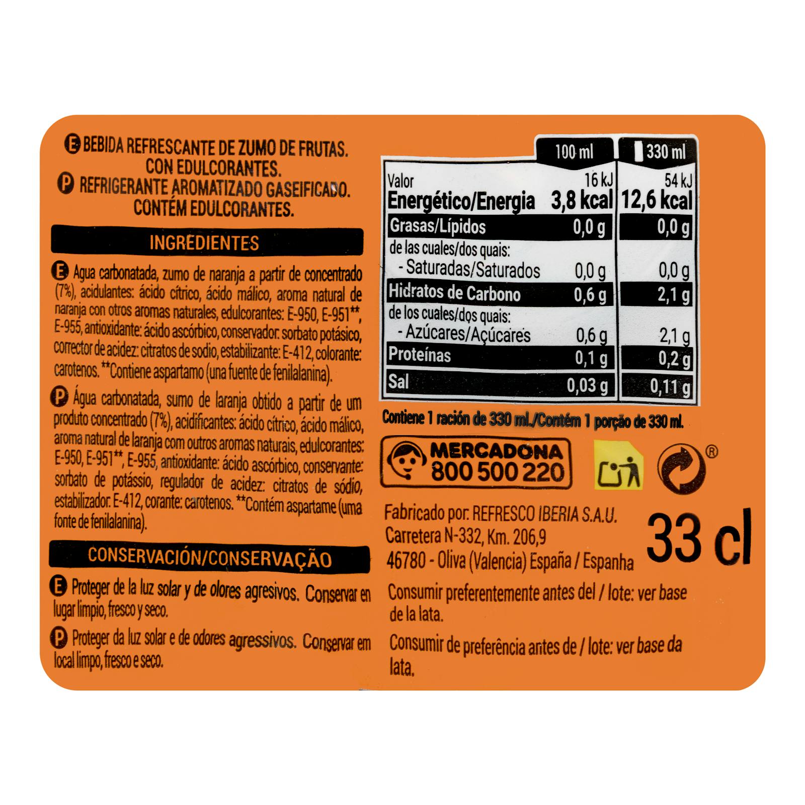 Soda à l'orange Hacendado Zero Fresh Gas