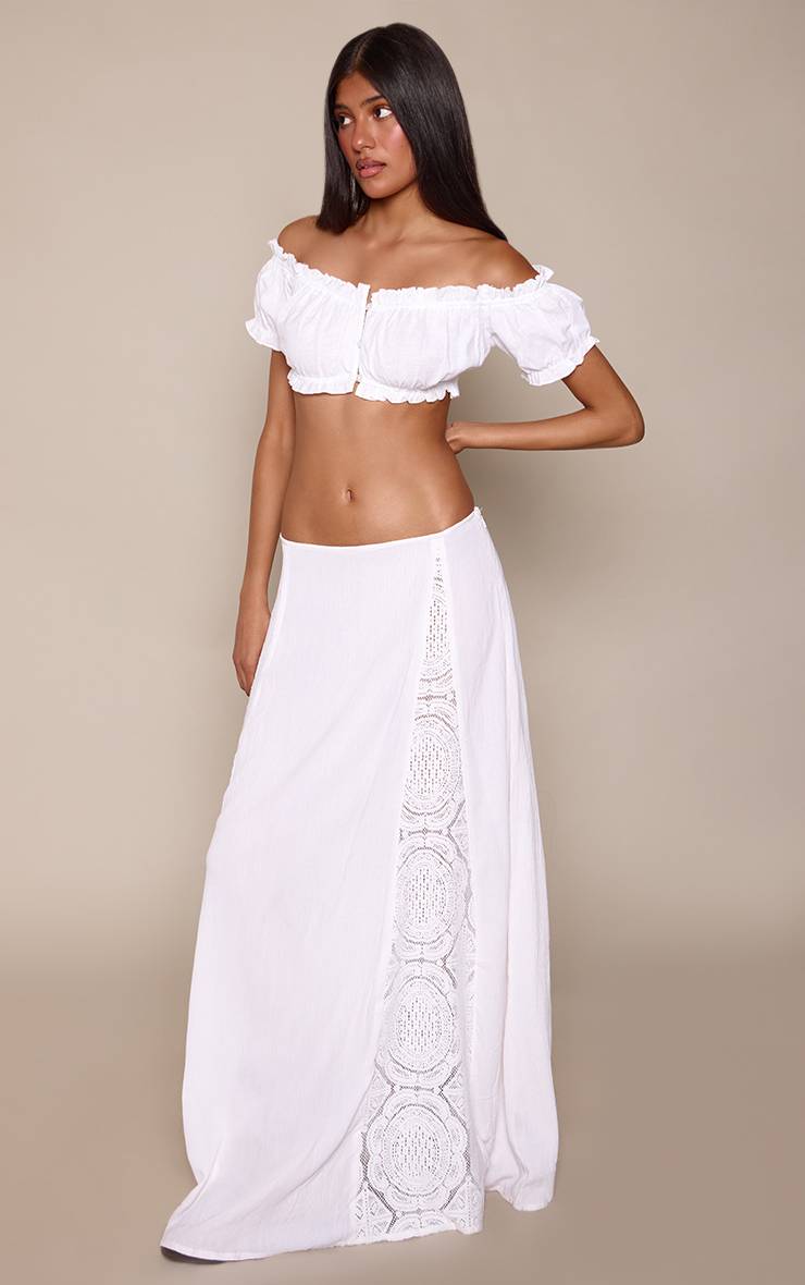 Blanc Jupe Maxi En Étamine De Coton Avec Panneaux Broderie
