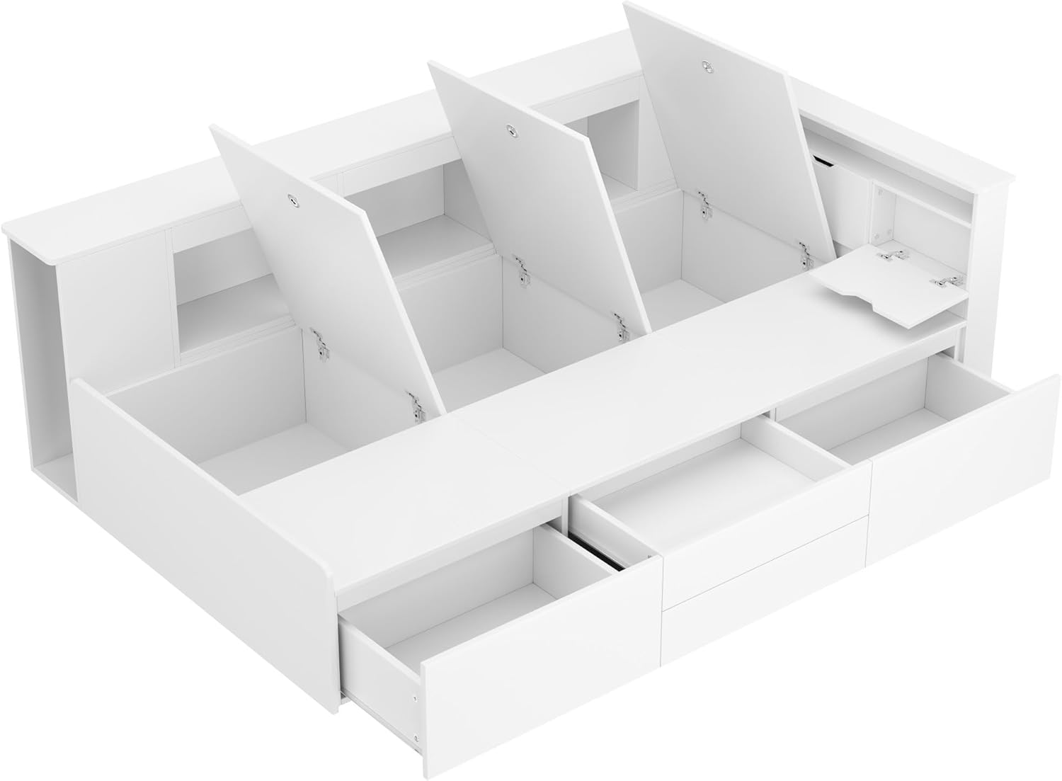 Kinderbett 90x200, Multifunktionales Holzbett mit Schubladen, Bücherregal und Stauschrank, Stauraumbett mit Lattenrost & Bettkasten, Funktionsbett Jugendbett Bettgestell aus Holz, ohne Matratze, Weiß