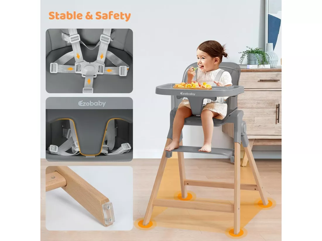 Chaise Haute Bébé Pliable,Chaise Enfant 4 en 1,Pieds En Bois,Siège d’Appoint Tabouret de Bar Fonction,à partir de 6 mois,Gris