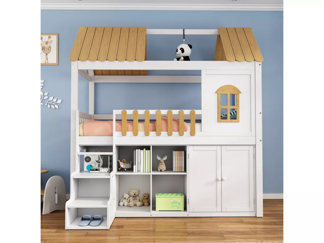 Lit superposé 90x200 cm - en bois de pin - avec étagères, armoire et escalier de rangement - Blanc & Naturel