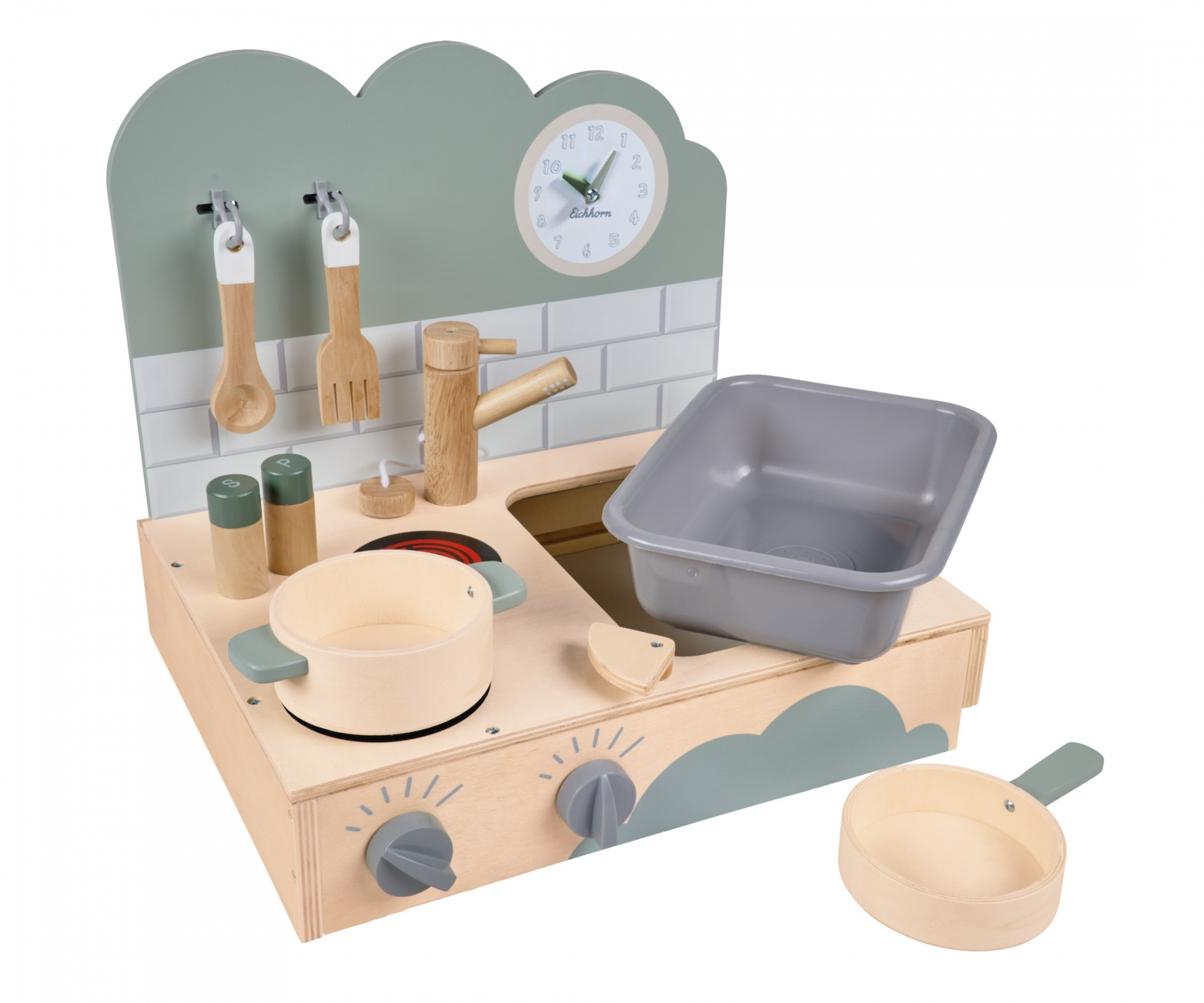 (8-tlg. Set) Kinder Holz Küche Spielzeug Tischküche mit Kochfeld / Spülbecken / Koch Zubehör (100002700) - Blau / Braun
