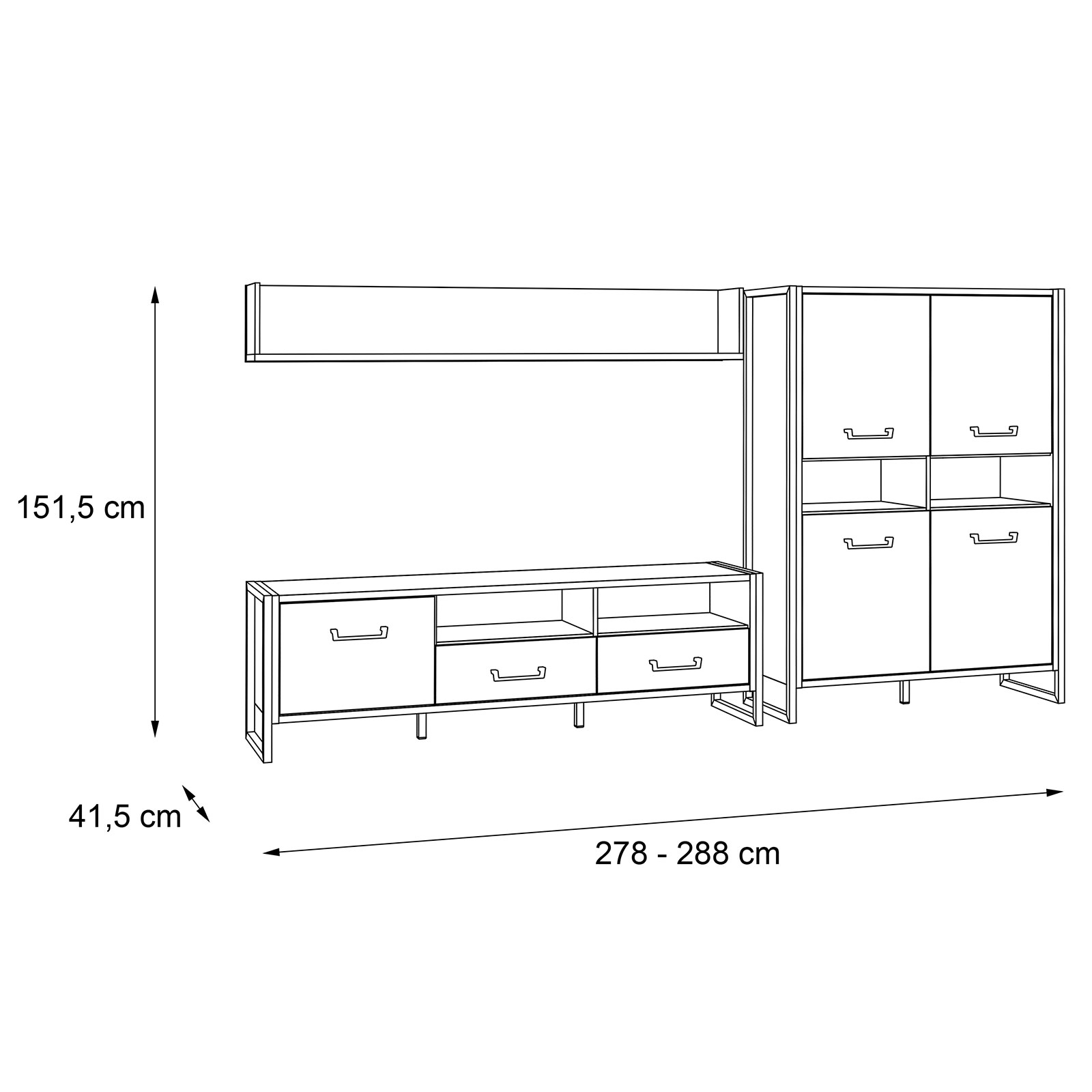 3-teiliges Wohnwand-Set - Stabeiche - 284 cm