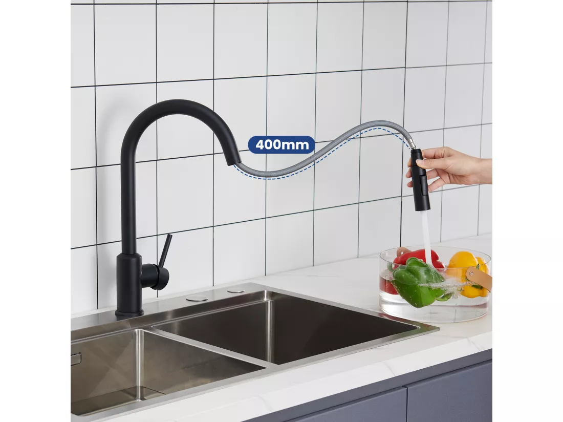 Cecipa max Évier Cuisine 1 Bac 40 × 45 cm Évier Inox Brossé 1 Cuve + Mitigeur de Cuisine avec Douchette Extractible - Noir - Rotatif à 360 °