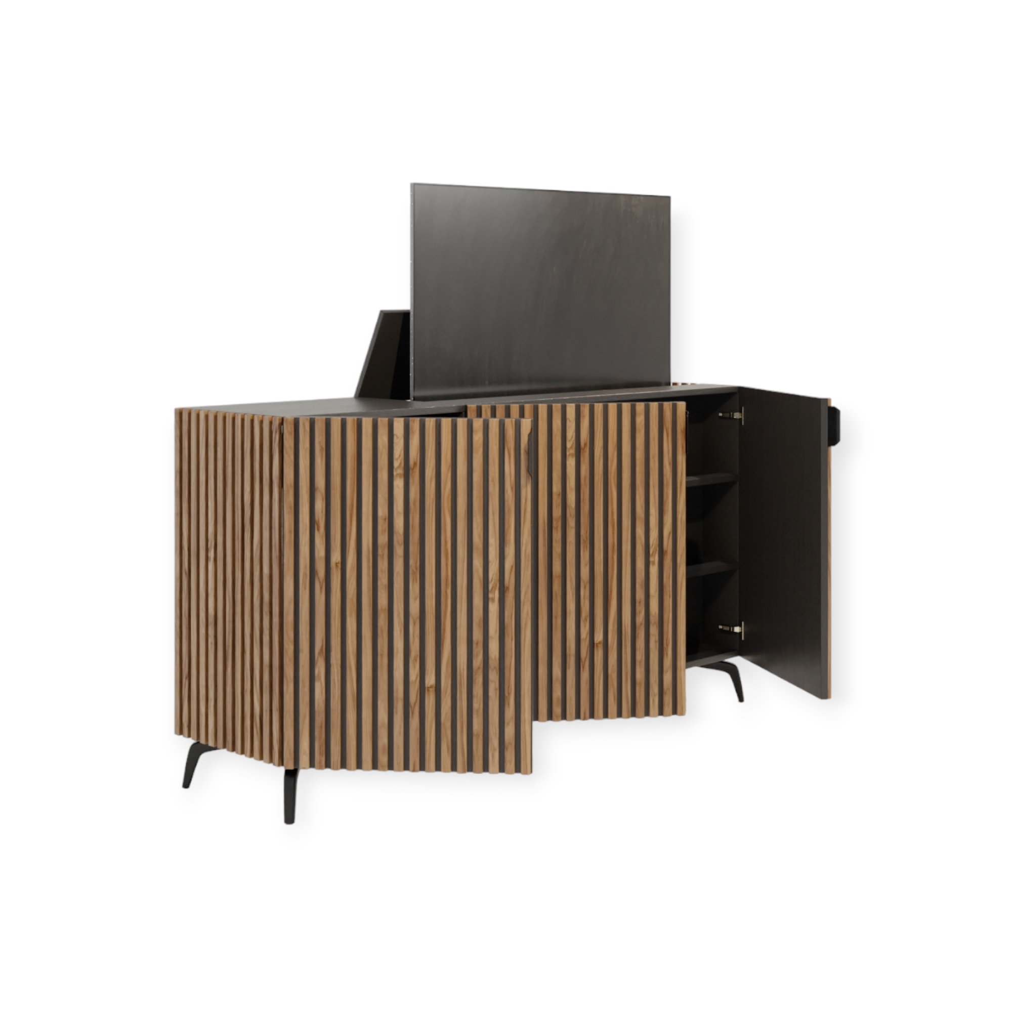 TV lift meubel Modern Latjes 43 inch 3 deurs rondom afgewerkt met latjes