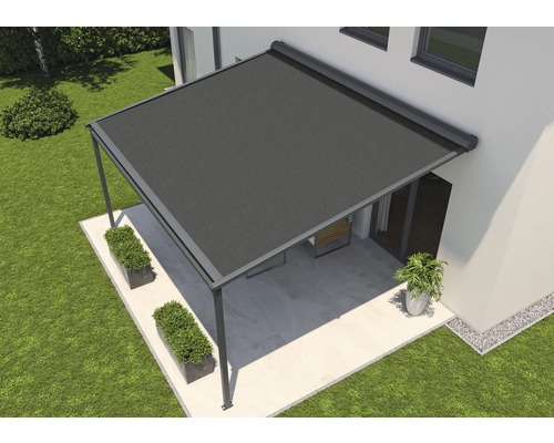 SOLUNA Pergola met stoffen dak 4x3, doekdesign 320925, frame RAL 7016 antracietgrijs, aandrijving links inclusief motor, wandschakelaar (wandmontage)