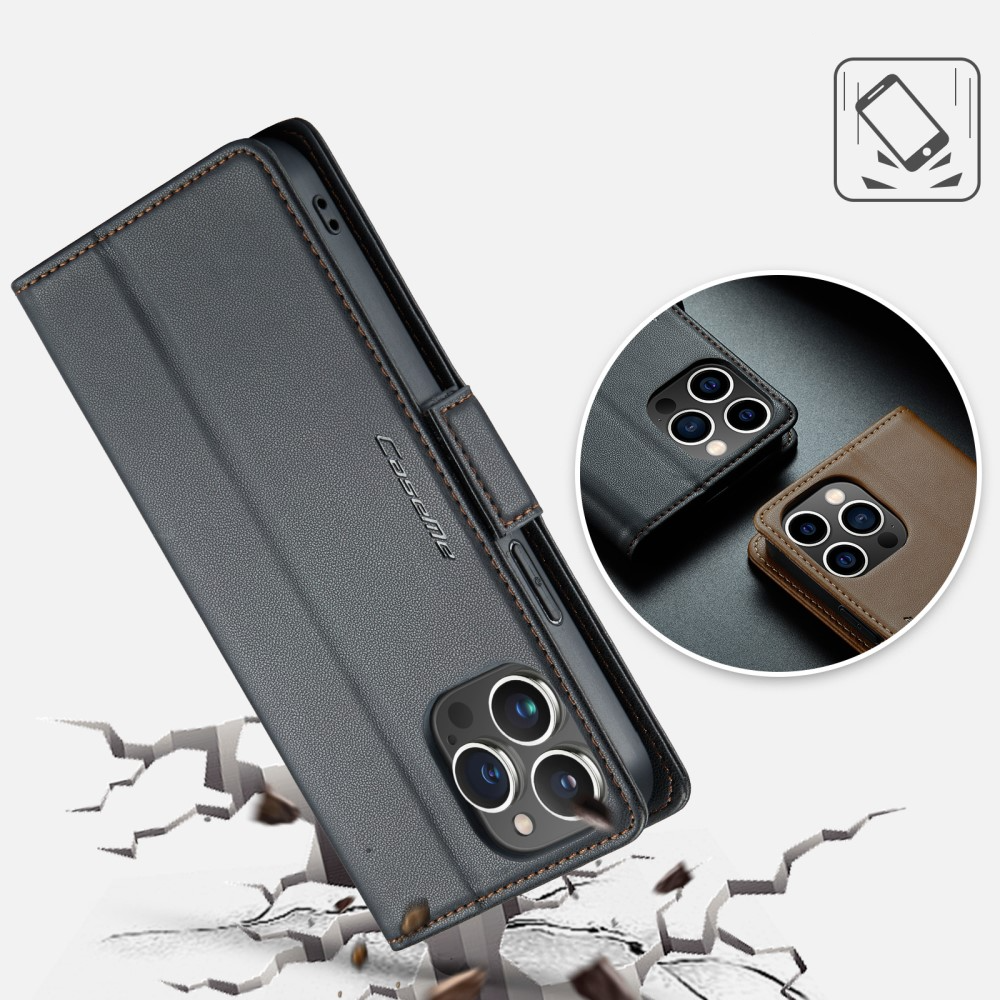 iPhone 14 Pro Leder Tasche Flip Wallet Etui mit Kartenfächern Litchi Look (RFID Schutz) - Schwarz