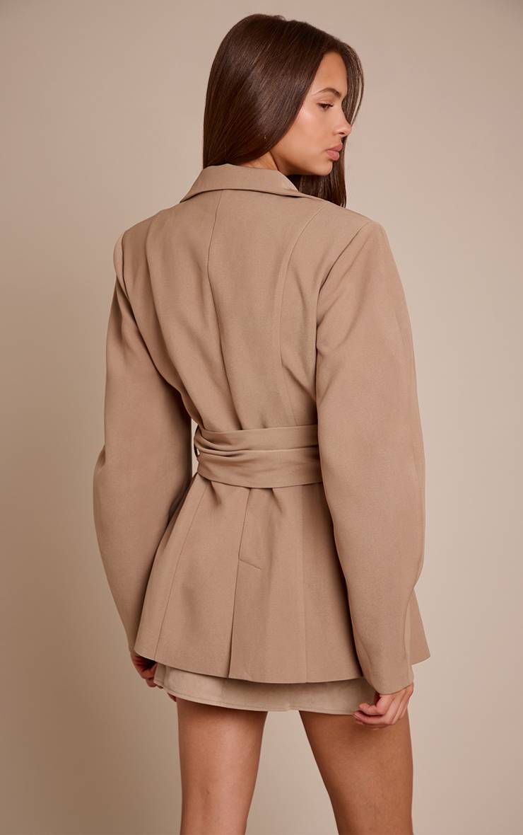 Taupe Blazer Ceinturé Taille Froncée À Enroulement