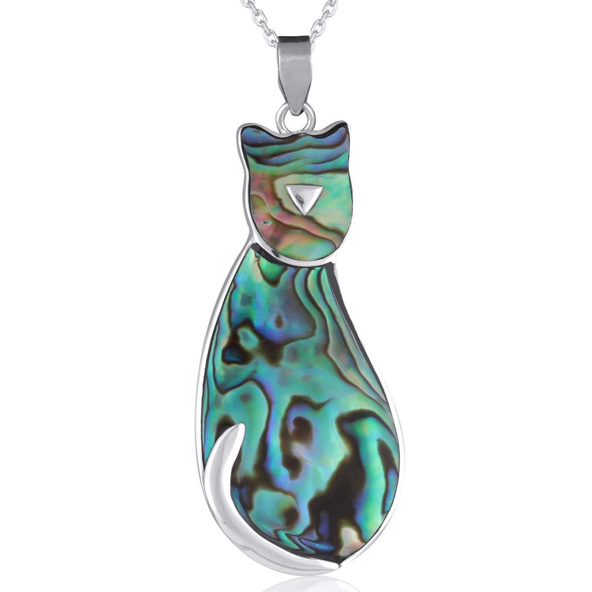 Pendentif de nacre abalone sertie d'argent en forme de chat