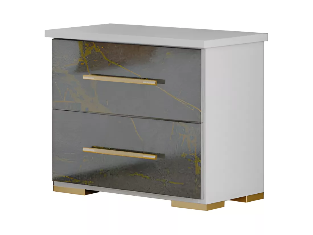 Chambre complète 140x190 Blanc/Marbre gris brillant à led - MARGUERITE