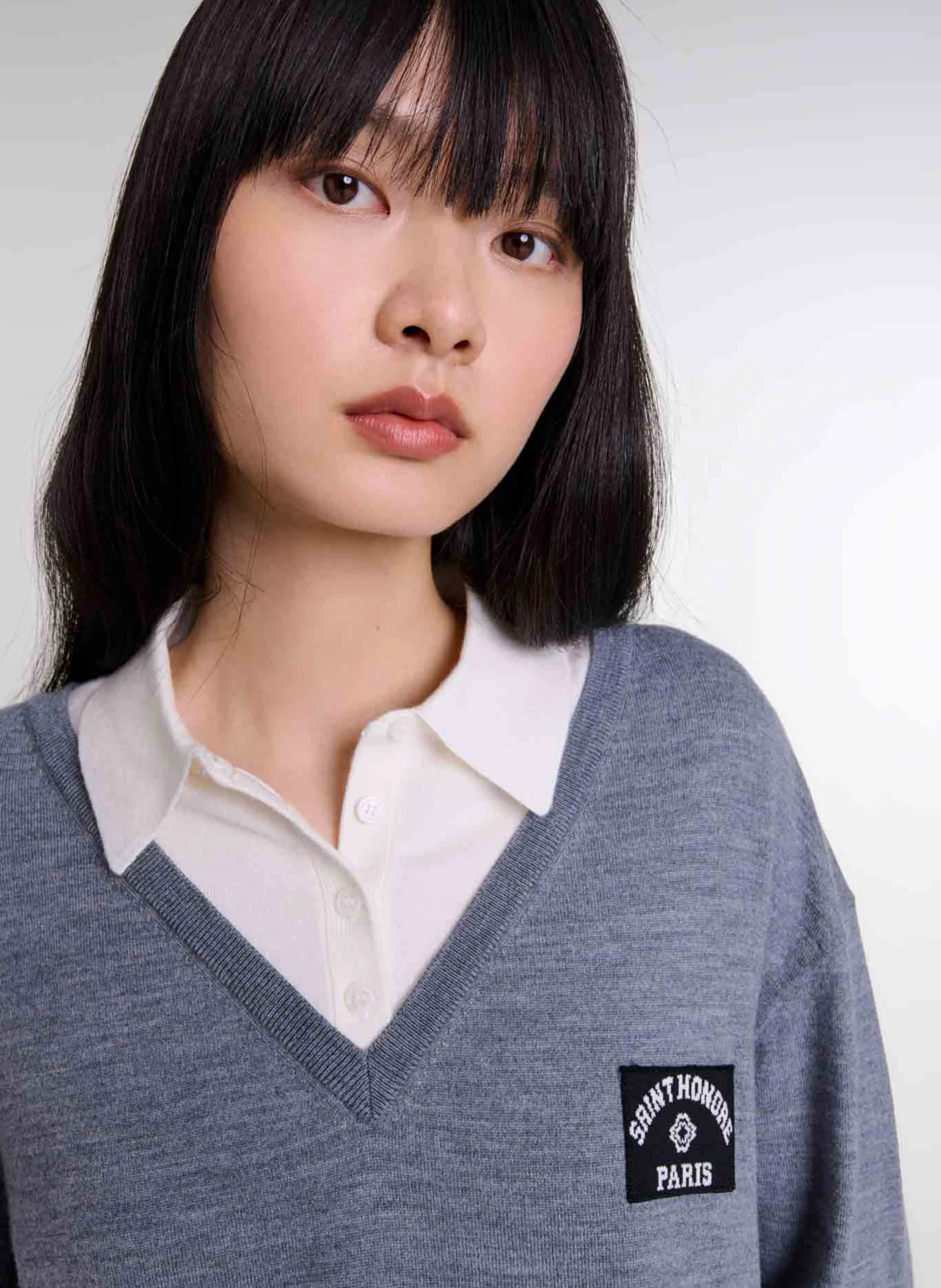 Pull encolure V droit en laine mélangée | Gris