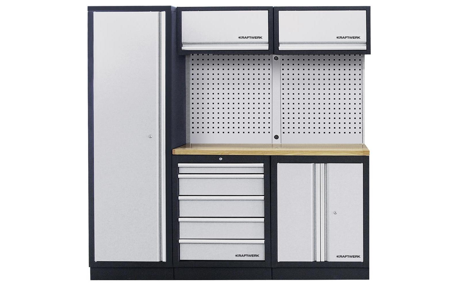 Werkstatt 3er Komplett-Kombi mit Lochwand, Buche 1361 mm<br>3-Element-Werkstatt-Schrankwand