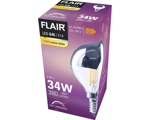 FLAIR LED reflectorlamp, druppelvorm, G45 zilver, E14/4W (34W), 380 lm, 2700 K warm wit