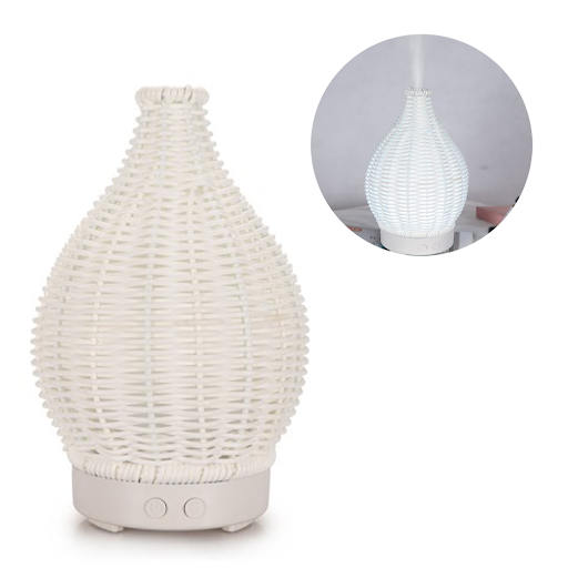 (200ml) USB Luftbefeuchter Aroma Öl Diffuser mit LED Beleuchtung im Rattan Look - Weiss