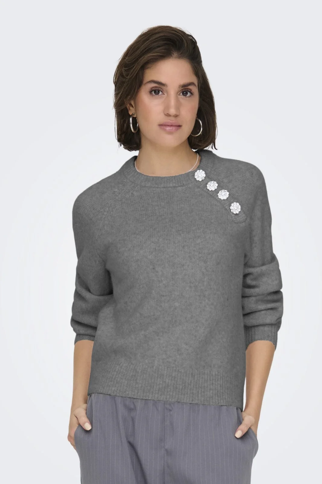 Only Onllauren Life Ls O-Neck Button Knt 4630760 medium grey melange