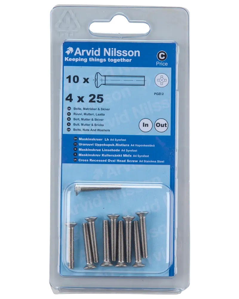 Arvid Nilsson Maskinskrue A4 LH M4 x 25 mm 10-pak