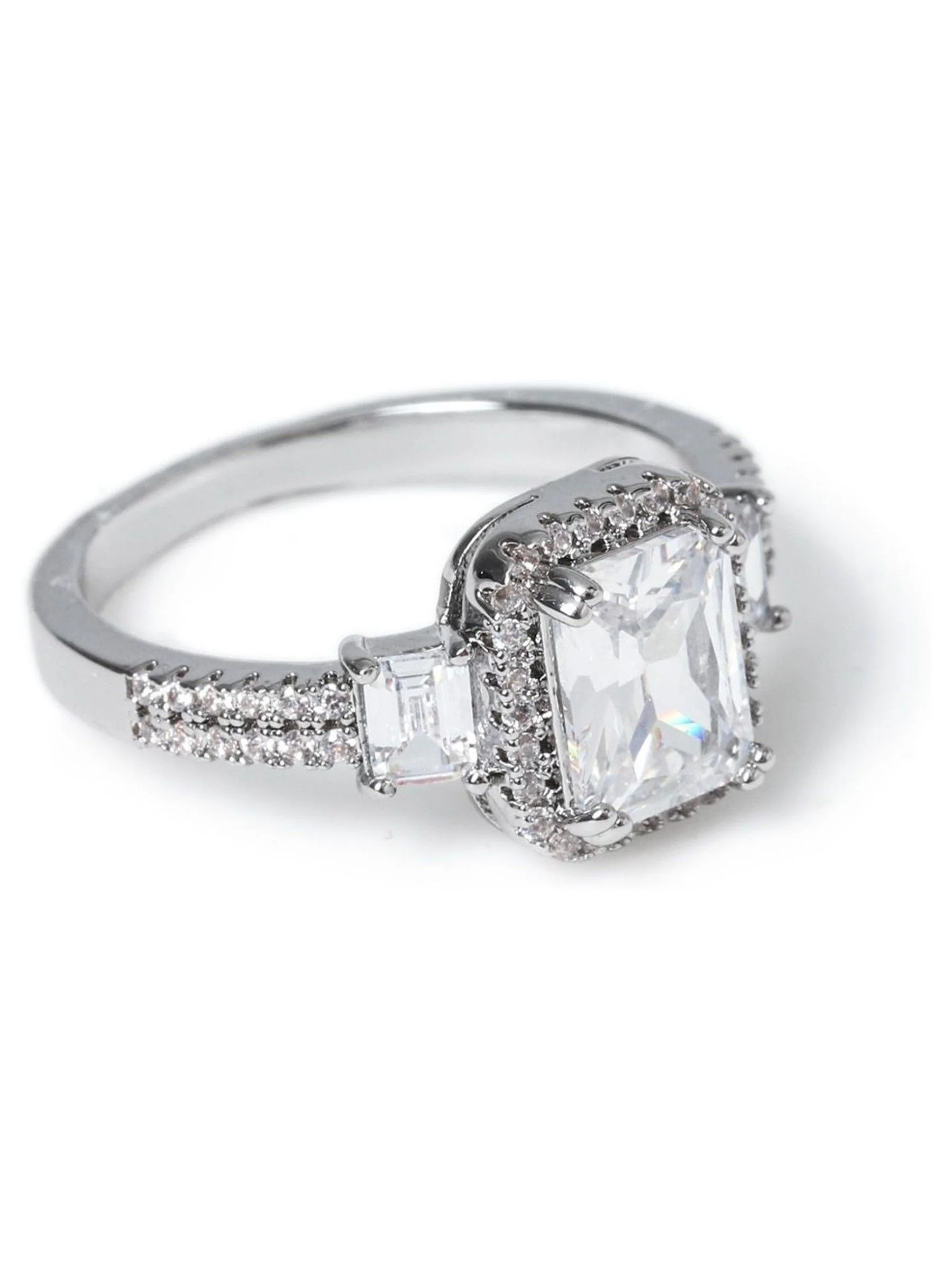 Aela Silver Tone Square Cut Cubic Zirconia Ring