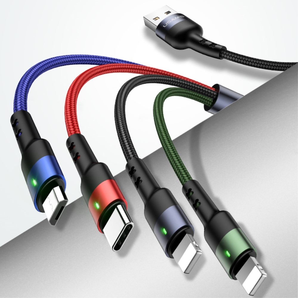 (1.2m) 4in1 USB 2A Ladekabel Nylon Geflecht - 2 x Lightning / 1 x Micro USB / 1 x USB C