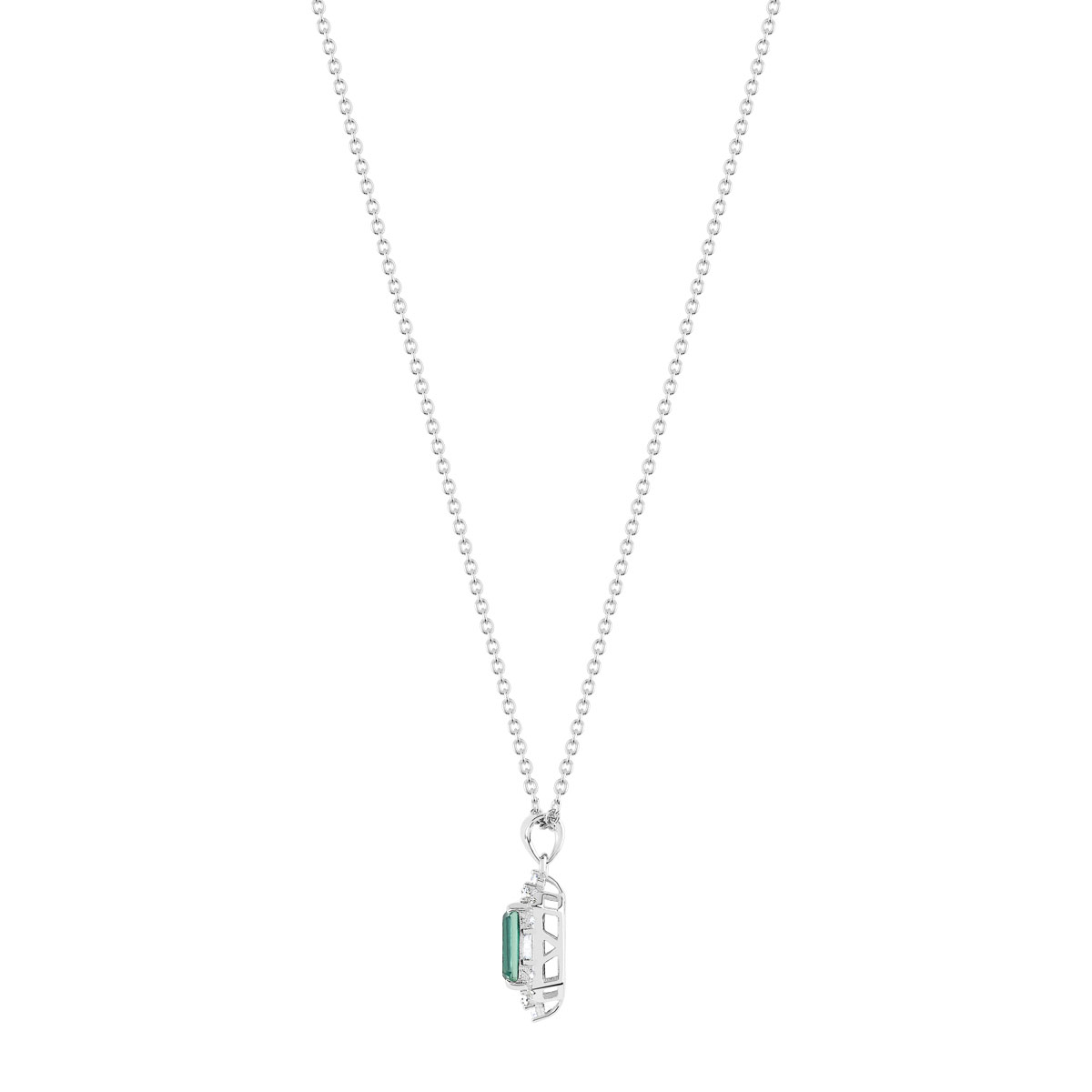 Collier argent 925 pierre verte rectangulaire et zirconias 45 cm
