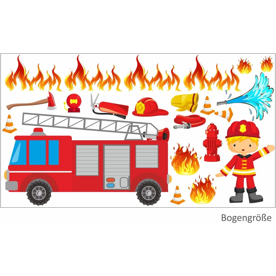 Nikima Wandtattoo 007 Wandtattoo Feuerwehrauto Feuerwehrmann Schlauch Wasser Brand löschen rot