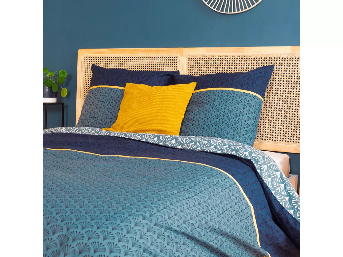 Parure de lit 240x220 cm collection JADE pur coton bleu 3 pièces
