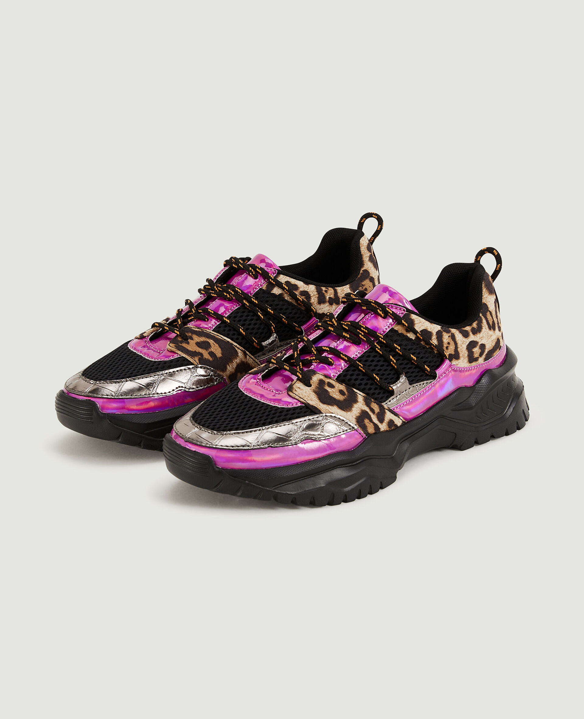Sneakers multi-matière avec motif léopard - Noir
