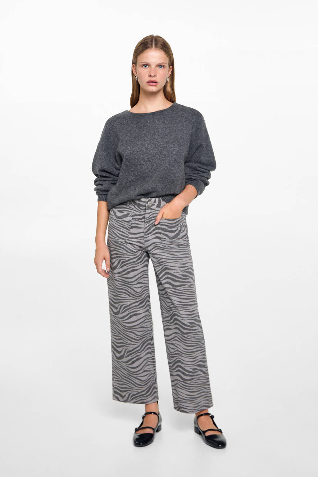 MANGO TEEN broek met zebraprint grijs/donkergrijs