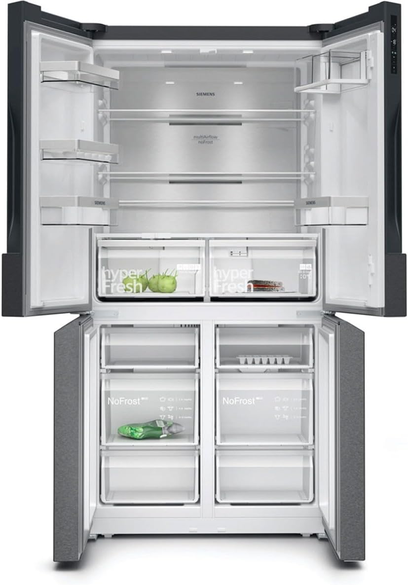 Siemens KF96NAXEA, iQ500, Multi-Door-Kühlschrank, 183 x 91 cm, 405 L Kühlen & 200 L Gefrieren, hyperFresh längere Frische, noFrost, superCooling schnellere Kühlung, Gebürsteter schwarzer Stahl