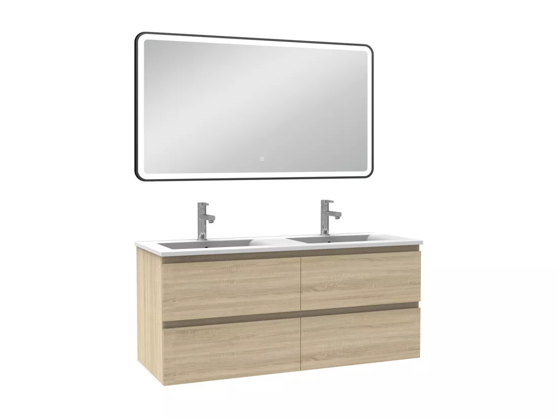 Meuble Salle de Bain 120cm Chêne Wotan double vasque + miroir lumineux 3 couleurs + dimmable