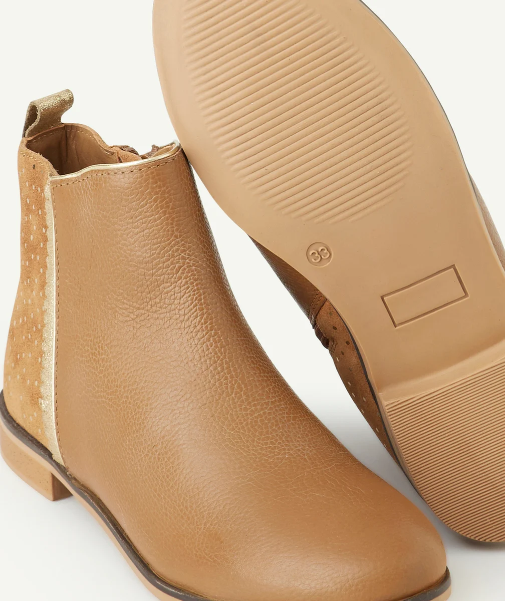 BOTTINES FILLE EN CUIR CAMEL AVEC DÉTAILS À POIS COULEUR DORÉE