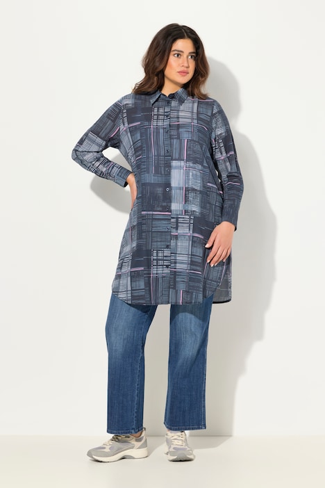 Longbluse, Karo, A-Linie, Hemdkragen, Langarm
