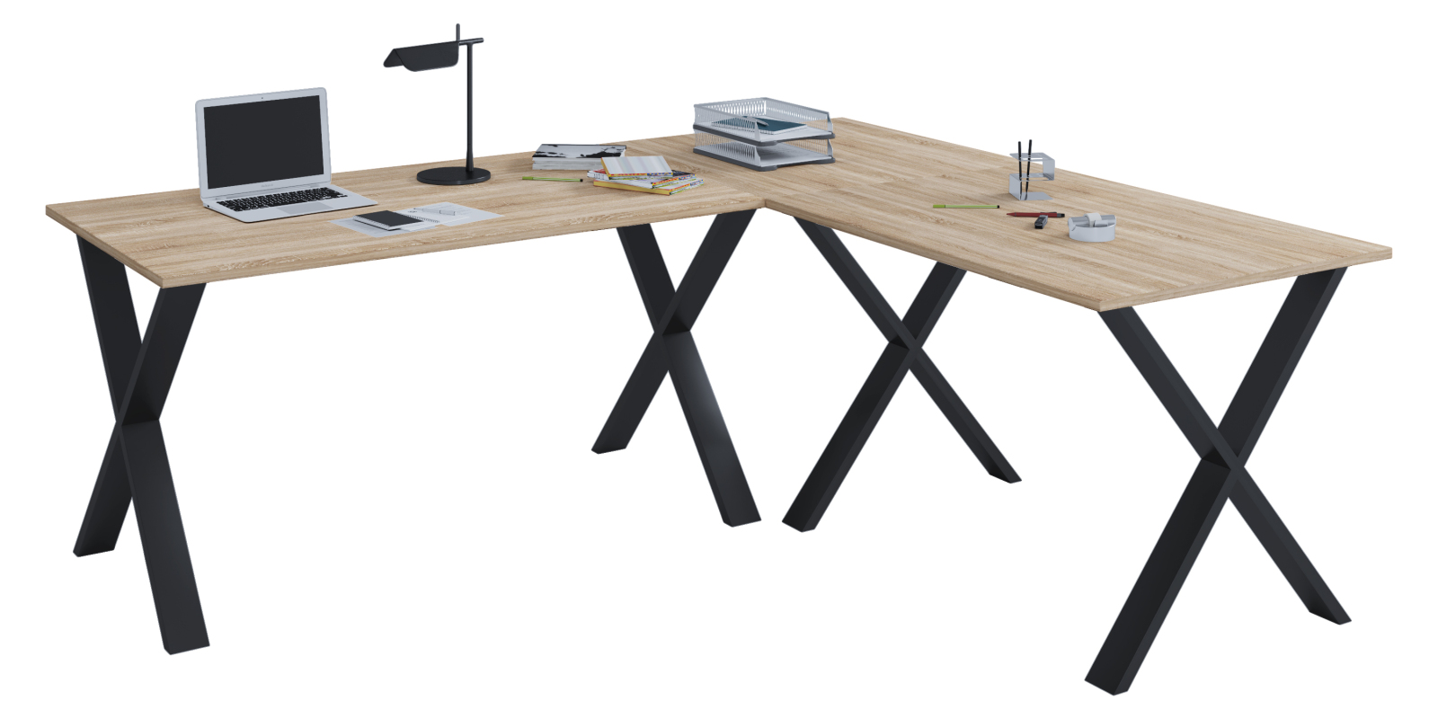 Eck-Schreibtisch LONA - Sonoma Eiche - schwarz - X-Gestell - 160x160 cm
